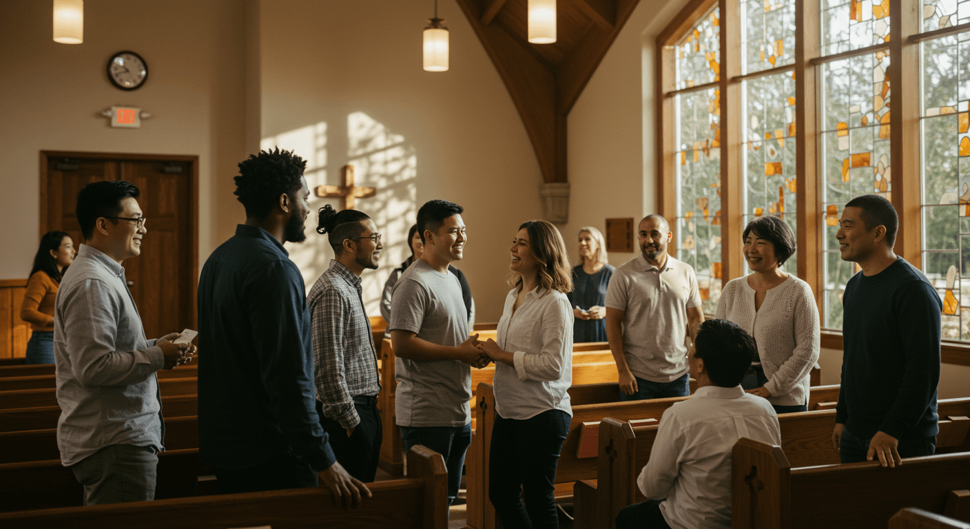 다양한 인종의 교인들이 교회 예배당에서 따뜻하게 교제하는 모습 / Diverse church members sharing fellowship in a welcoming sanctuary