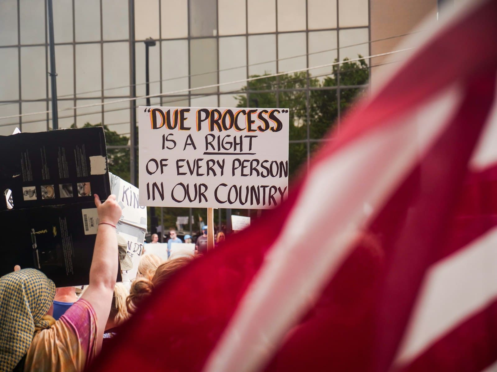 A protest sign reading that due process is a right of every person in our country, beside an American flag