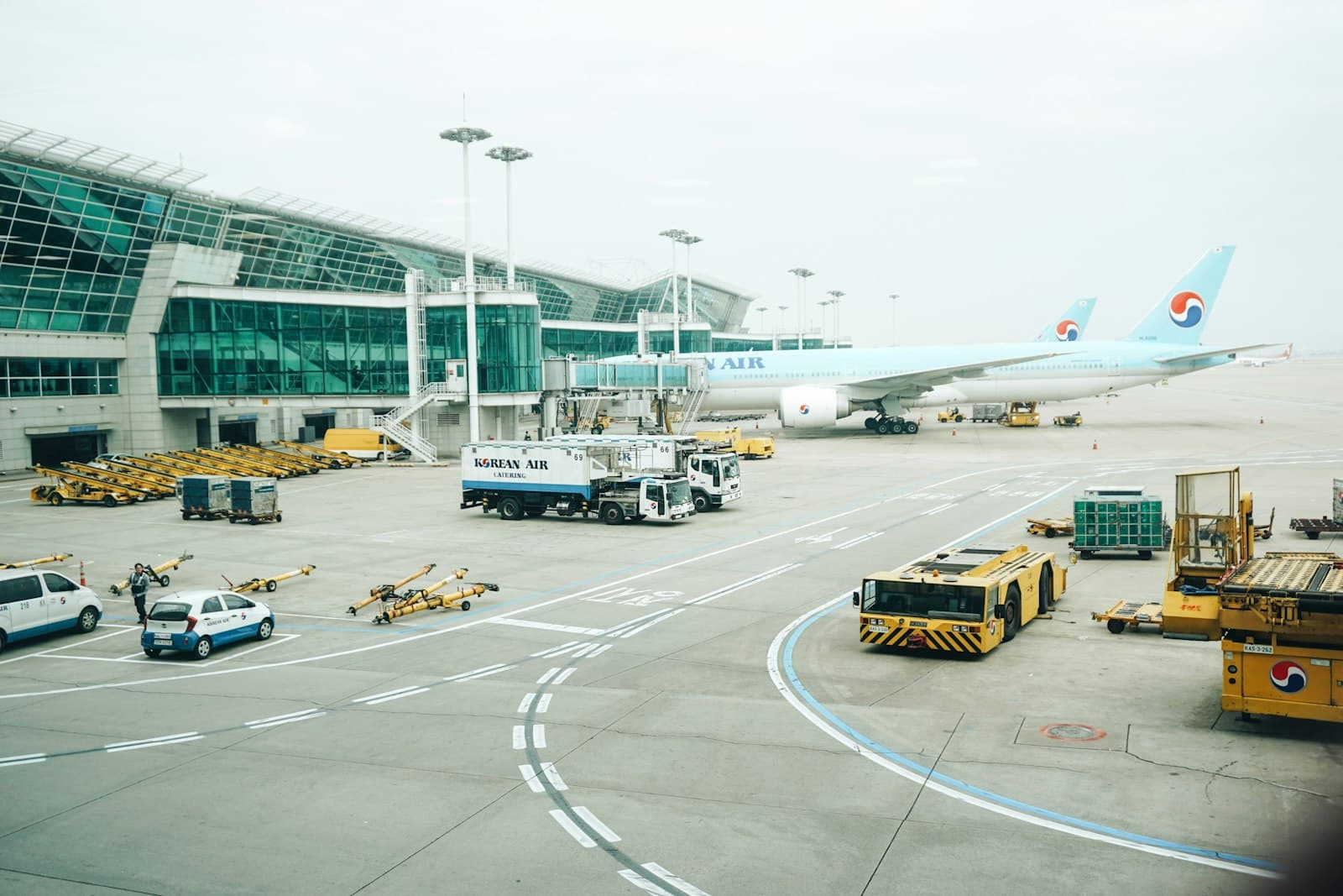 Korean Air planes parked at an airport terminal