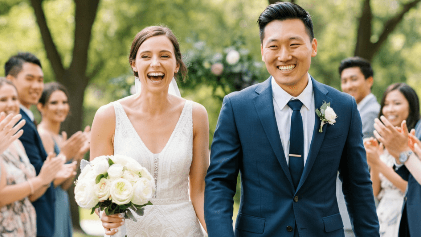 "Asian groom and Caucasian bride smiling at their wedding surrounded by clapping guests in a park."