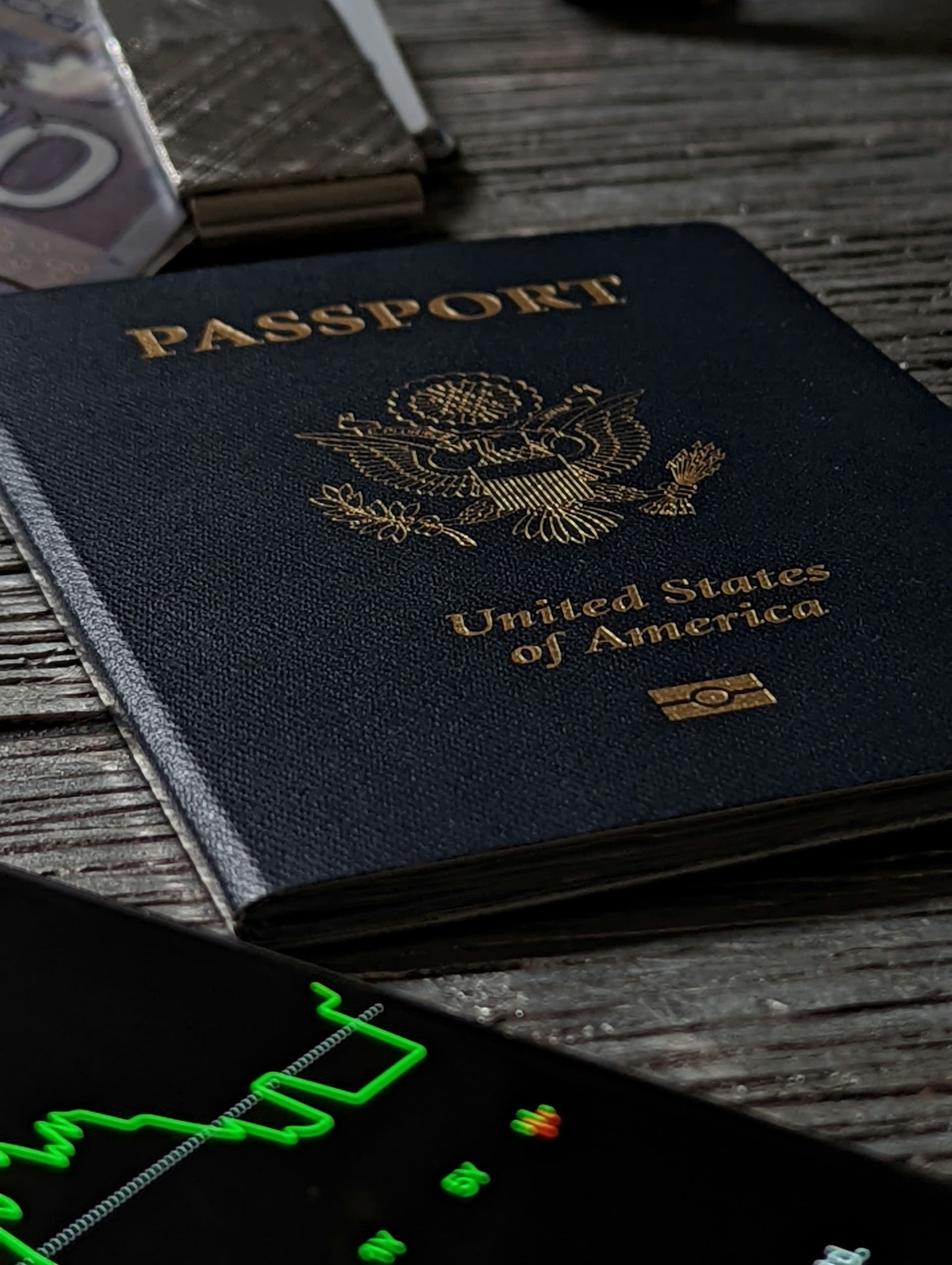 United States passport on a wooden table